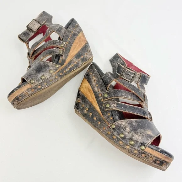 Bed Stu Brown Leather Wood Wedge Strappy Gladiator Sandals - Picture 2 of 14